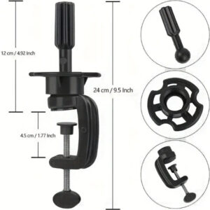 Black clamping tool with measurements and additional views on a white background