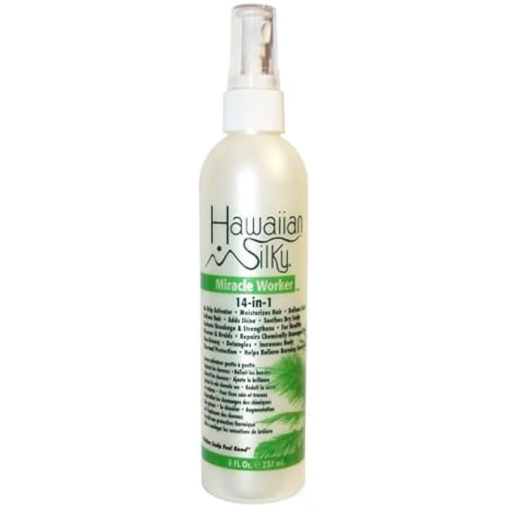 Hawaiian Silky 14-in-1 Miracle Worker spray for instant hydration, detangling, and nourishing all hair types.
