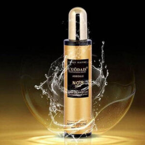 Gold and black perfume bottle with water splash effect on a dark background