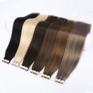 Set of hair extensions in various colors on a white background